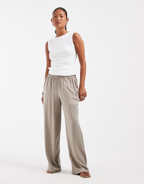 Vero Moda Petite pantaloni wide leg in raso testurizzato color pietra - view 1