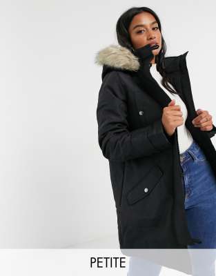 Moda Petite parka faux fur hood in black | ASOS