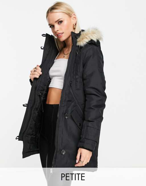 Vero Petite parka faux lined hood in black | ASOS