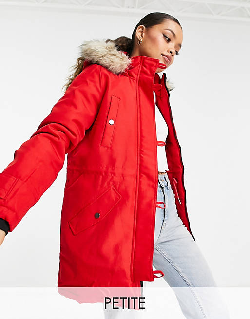 Vero Moda Petite parka with faux fur lined hood in red