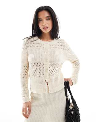 Vero Moda Petite patched crochet cardigan co-ord in cream-White