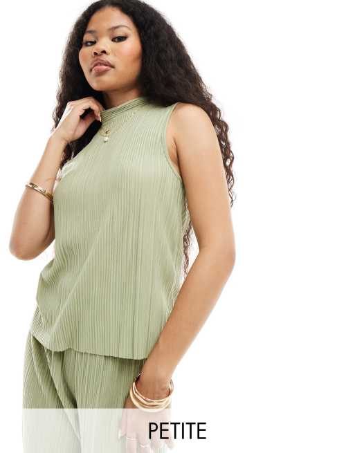 Vero Moda Petite plisse sleeveless top in khaki (part of a set) 