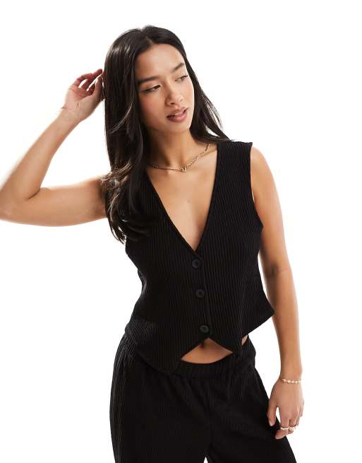 Vero Moda Petite plisse waistcoat in black (part of a set)