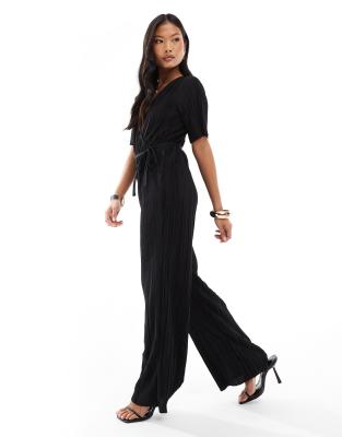 Vero Moda Petite Plisse Wrap Front Jumpsuit In Black
