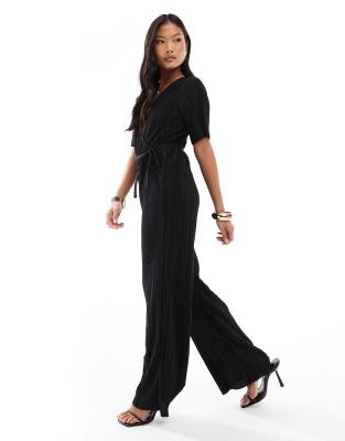 plisse wrap front jumpsuit in black