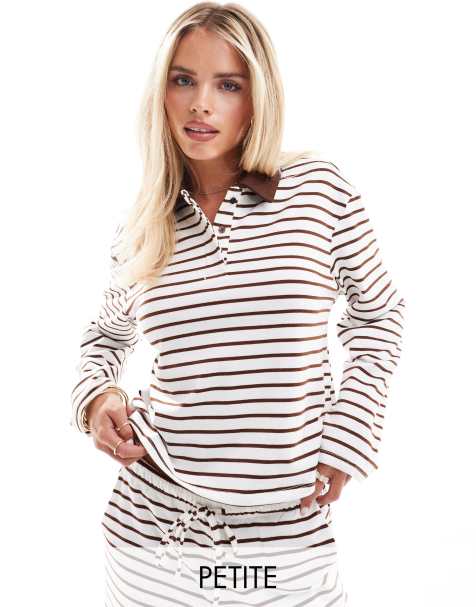 Vero Moda Petite - Polo in jersey color crema e marrone a righe in coordinato - view 1
