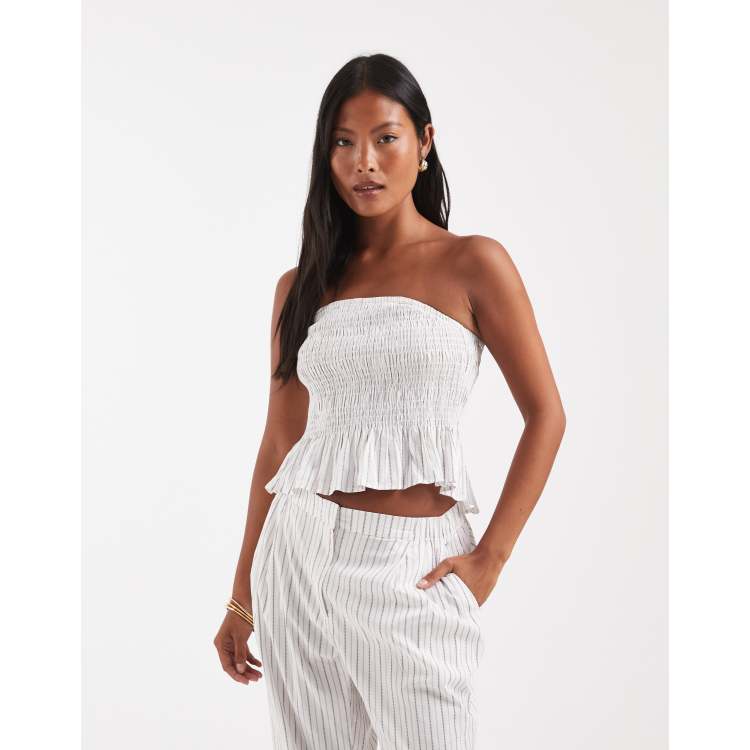 Vero Moda Petite poplin shirred peplum hem bandeau top in white