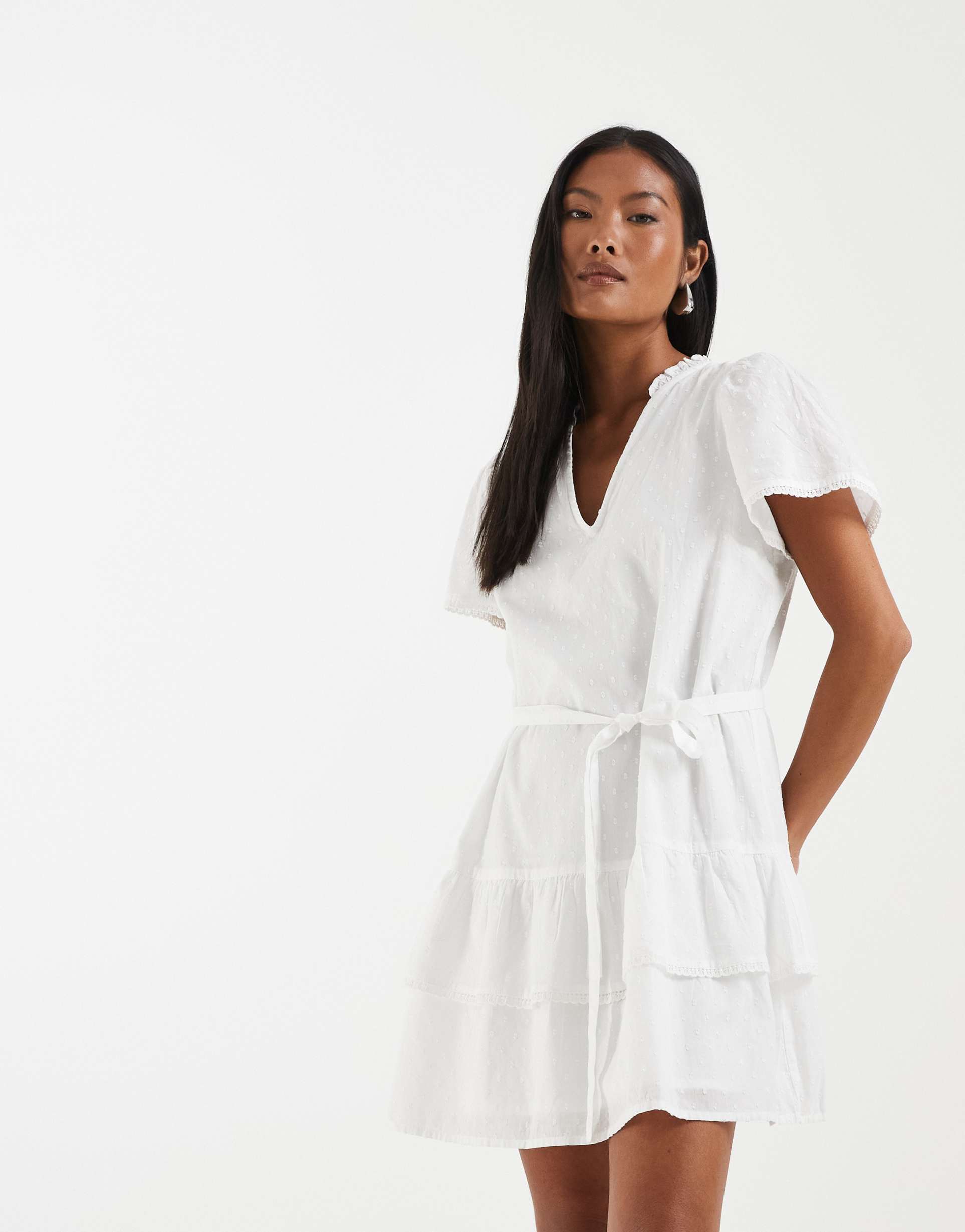 vero moda petite poplin tie waist lace trim ruffle hem mini dress in white