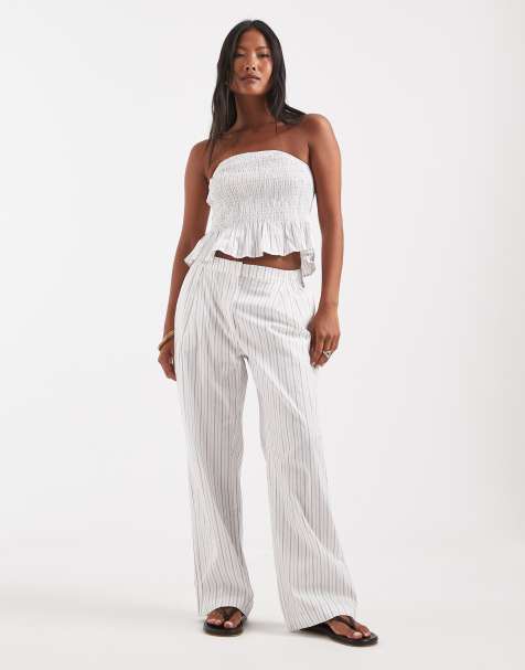 Vero Moda Petite poplin wide leg pull on pants in white and black stripe (part of a set) - view 1
