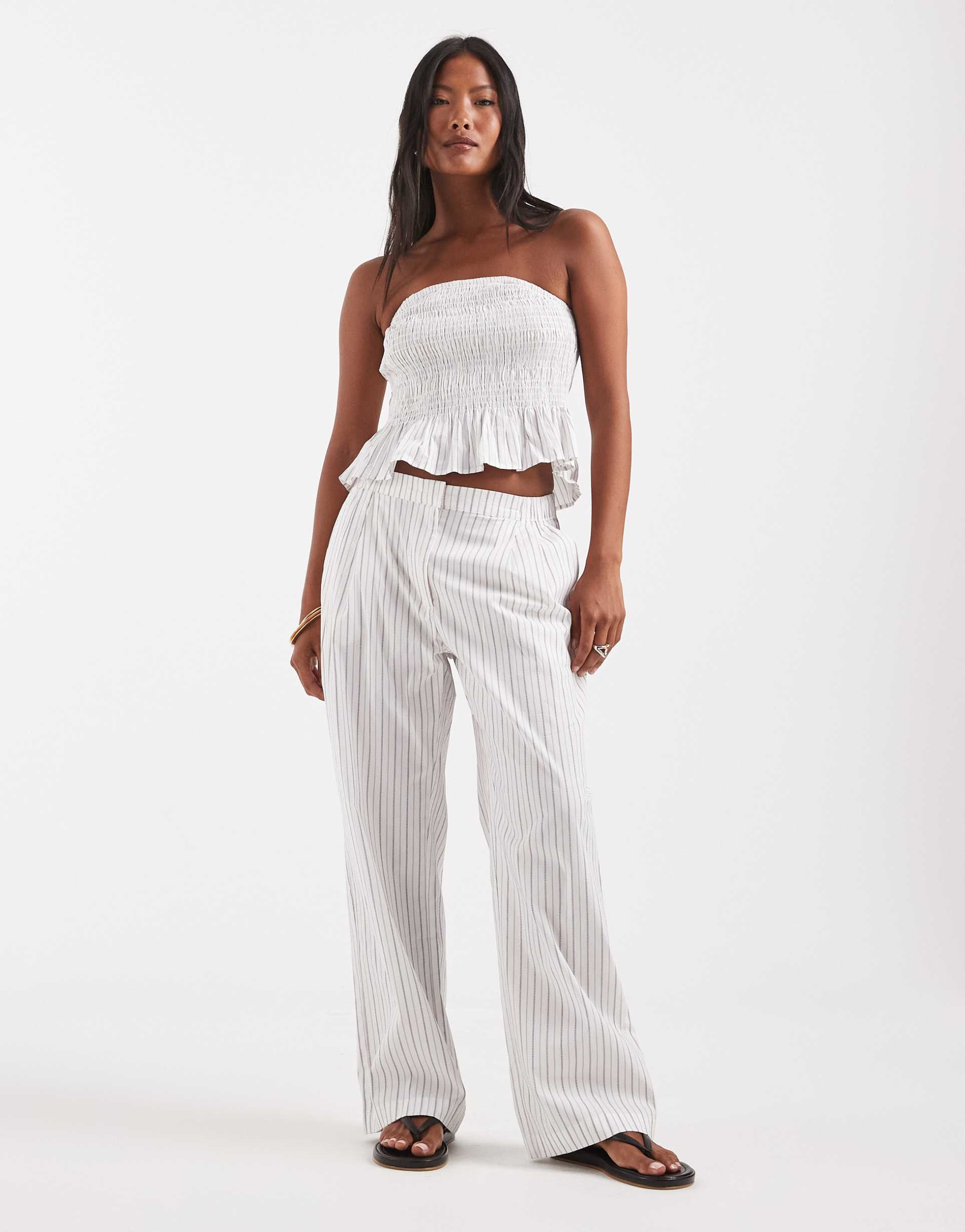 vero moda petite poplin wide leg pull-on pants in white and black stripe - part of a set