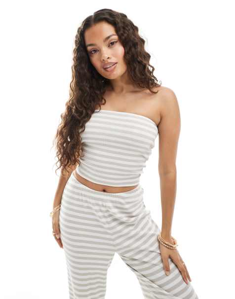 Vero Moda Petite ribbed jersey tube top co-ord in beige stripe
