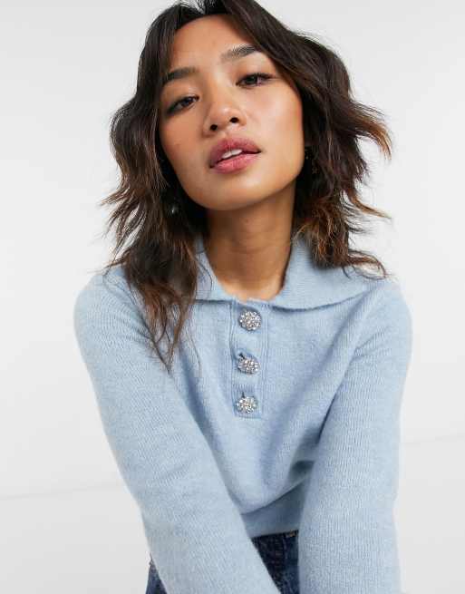 Vero Moda Petite - Pull en maille avec col polo et boutons effet cristaux - Bleu clair, 3 de 4