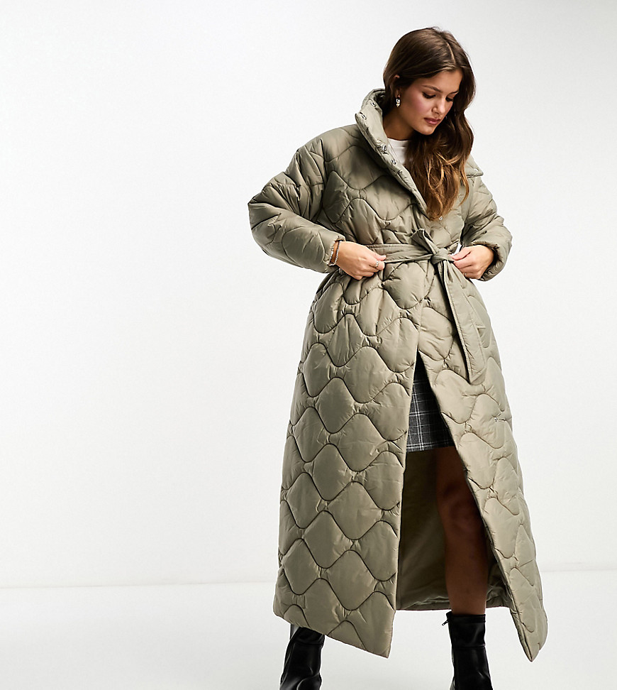 Vero Moda Petite quilted high neck maxi puffer coat in stone-Neutral