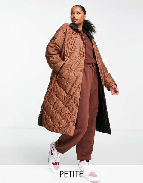 Vero Moda Petite reversible quilted funnel neck coat in black and brown - view 1