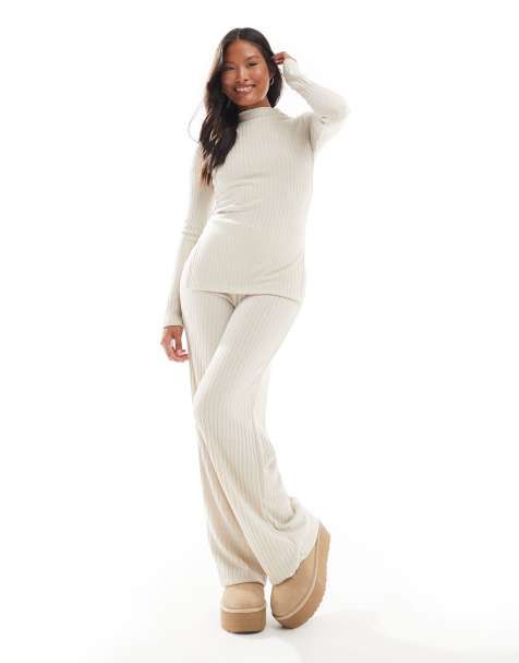Vero Moda Petite rib jersey dad trouser co-ord in stone - view 1