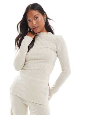 Vero Moda Petite Vero Moda Petite rib jersey longline top co-ord in stone-Neutral