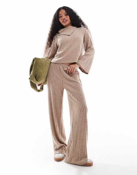 Vero Moda Petite ribbed jersey top and trouser co-ord in beige - view 1