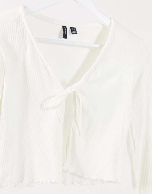 Vero Moda Petite - Ribstrikket cardigan med knude foran i hvid, 2 af 4