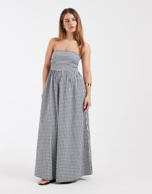 Robe bandeau mi-longue à jupe évasée et carreaux vichy - Noir et blanc M