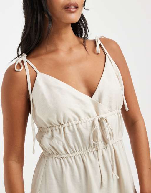 Vero Moda Petite - Robe caraco mi-longue à volants et bretelles nouées - Grège, 3 de 4