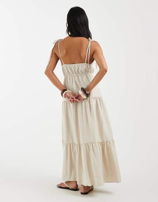 Vero Moda Petite - Robe caraco mi-longue à volants et bretelles nouées - Grège, 4 de 4
