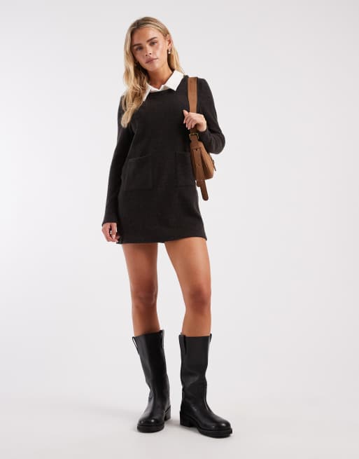 Vero Moda Petite - Robe courte 2-en-1 en maille à col en popeline et manches longues - Noir, 2 de 4