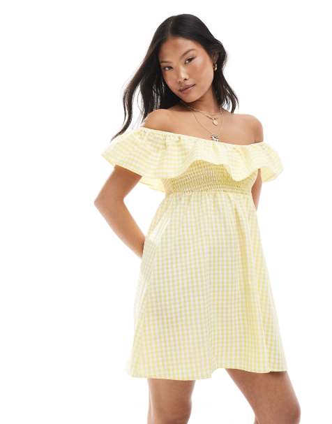 Vero Moda Petite - Robe courte à carreaux vichy avec corsage froncé et volants - Jaune - view 1