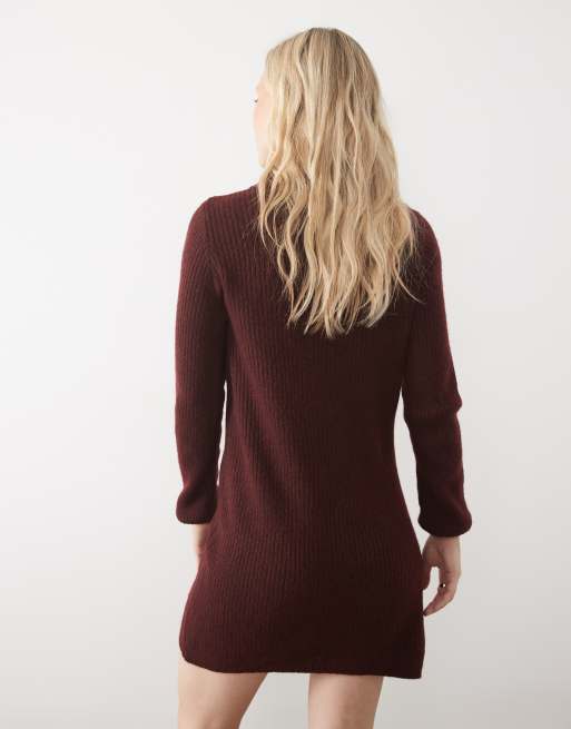 Vero Moda Petite robe courte en maille à boutonnage devant, manches ballon, bordeaux chiné, 3 de 5