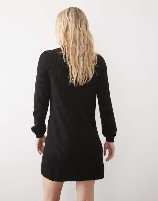 Vero Moda Petite robe courte en maille à boutons sur le devant et manches ballon en noir chiné, 4 de 5