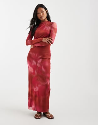 Robe longue drapée en tulle à manches longues avec imprimé marbré - Rose et orange XL
