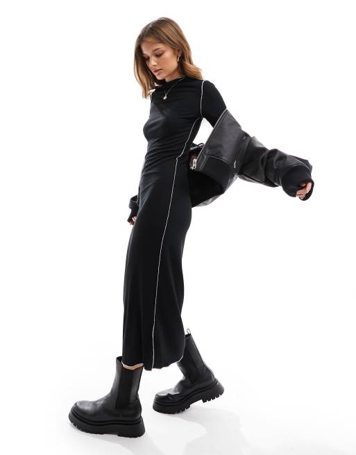 Vero Moda Petite - Robe longue en jersey à manches longues et bords ondulés - Noir