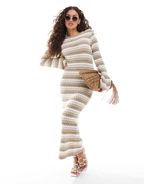 Vero Moda Petite - Robe longue en maille rayée de qualité supérieure - Marron - view 1