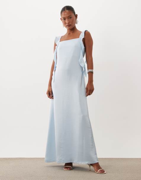 Vero Moda Petite- Robe longue en satin avec col bénitier et détail volanté drapé - Bleu aérien - view 1