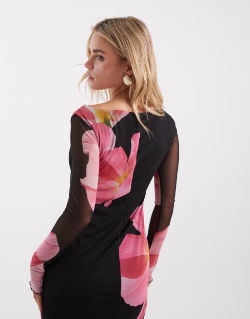 Vero Moda Petite - Robe longue en tulle à manches longues et imprimé fleuri oversize - Noir, 3 de 4