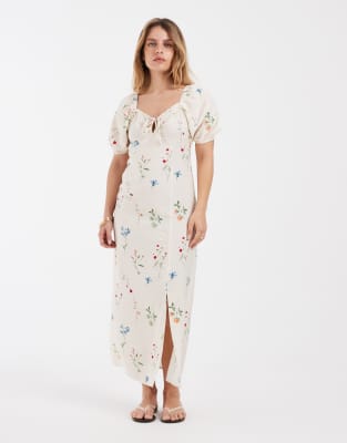 Robe longue imprimé fleuri à manches bouffantes et détail noué à l'avant - Crème-Blanc L