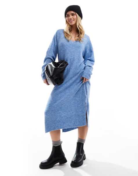 Vero Moda Petite - Robe longue oversize à col V en maille - Bleu chiné - view 1