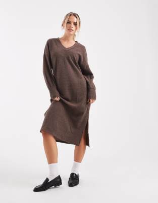 Robe mi-longue en maille côtelée douce avec col V - Chocolat chiné-Brown M
