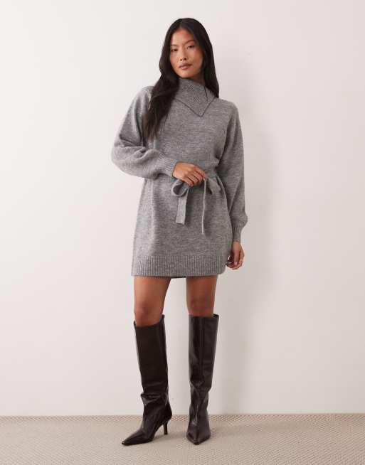 Vero Moda Petite robe mini en maille à manches longues, col fendu et taille à nouer, gris, 2 de 4