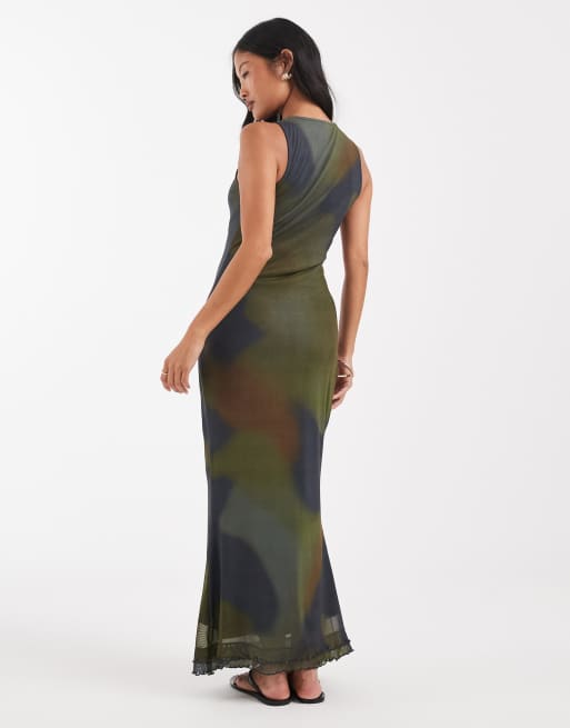 Vero Moda Petite - Robe sans manches en tulle à coutures apparentes devant et imprimé tourbillon - Marron/vert, 2 de 4