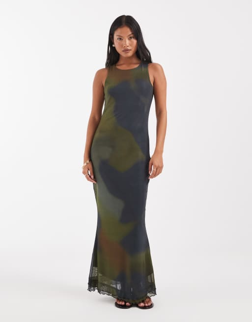 Vero Moda Petite - Robe sans manches en tulle à coutures apparentes devant et imprimé tourbillon - Marron/vert, 3 de 4