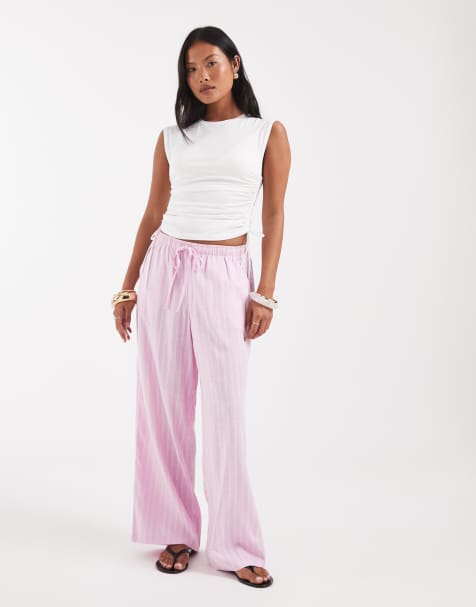 Vero Moda Petite – Rosa, randiga byxor i linnemix med vida ben och dragsko i midjan - view 1