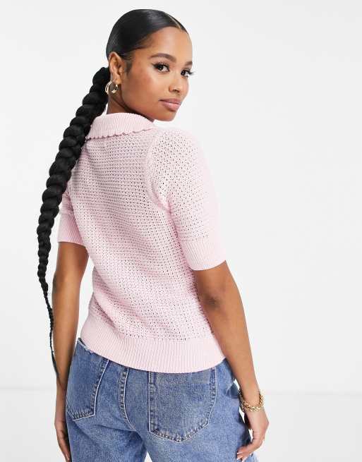 Vero Moda Petite – Różowy sweter o waflowym splocie z kołnierzem, 3 z 4