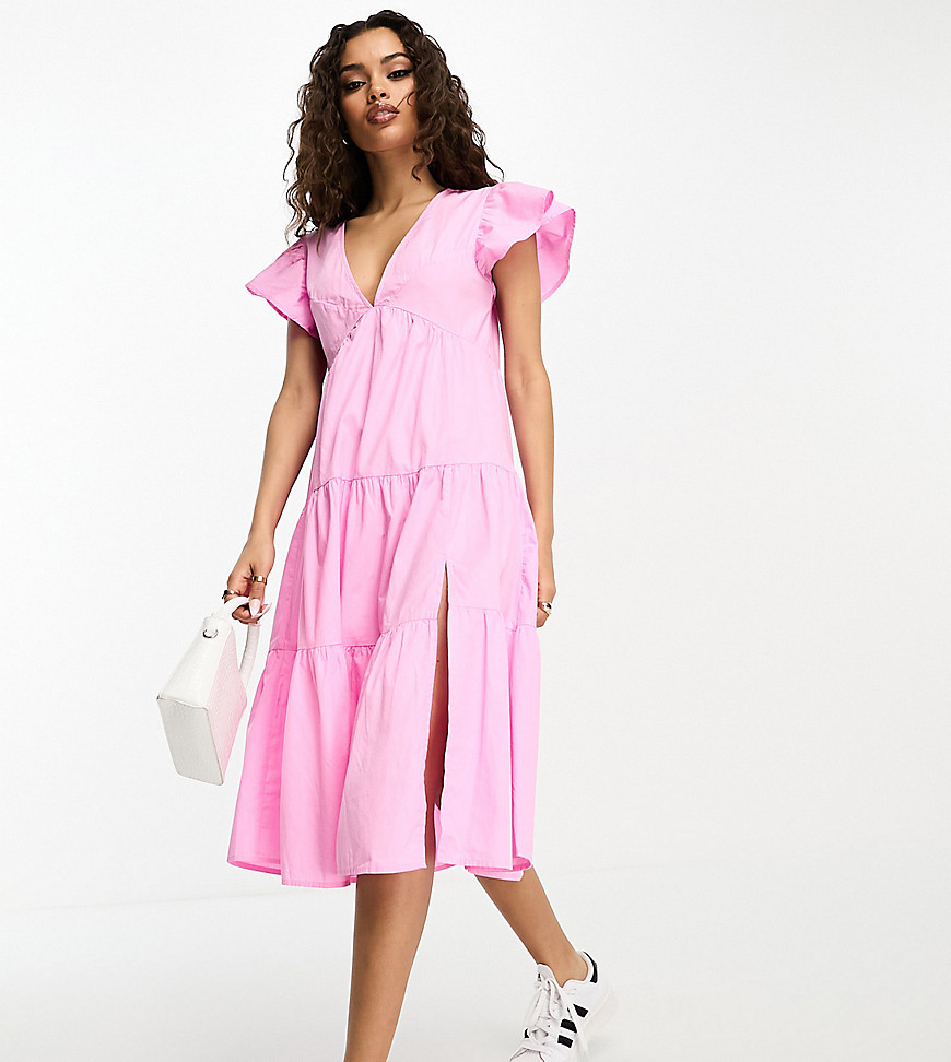 ruffle sleeve midi dress in pink