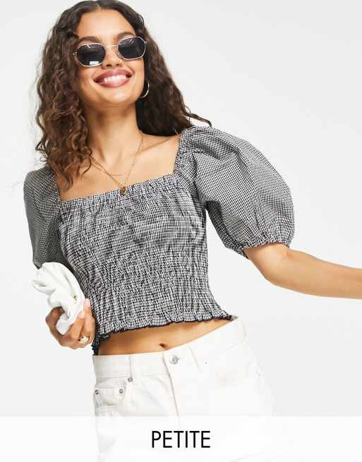 Vero Moda Petite - Rynket bluse med pufærmer i sorte gingham-tern - Del af sæt