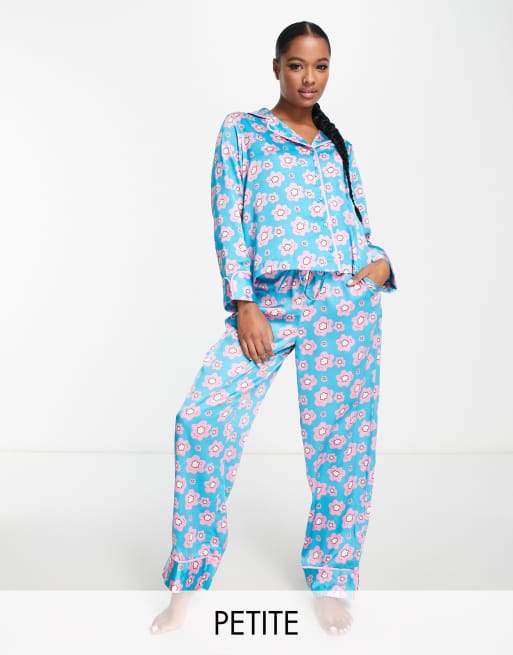 Vero Moda Petite - Satijnen pyjamashirt en -broek in blauwe print