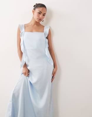Vero Moda Petite Satin Cowl Neck Maxi Dress With Draped Frill Detailing In Blue