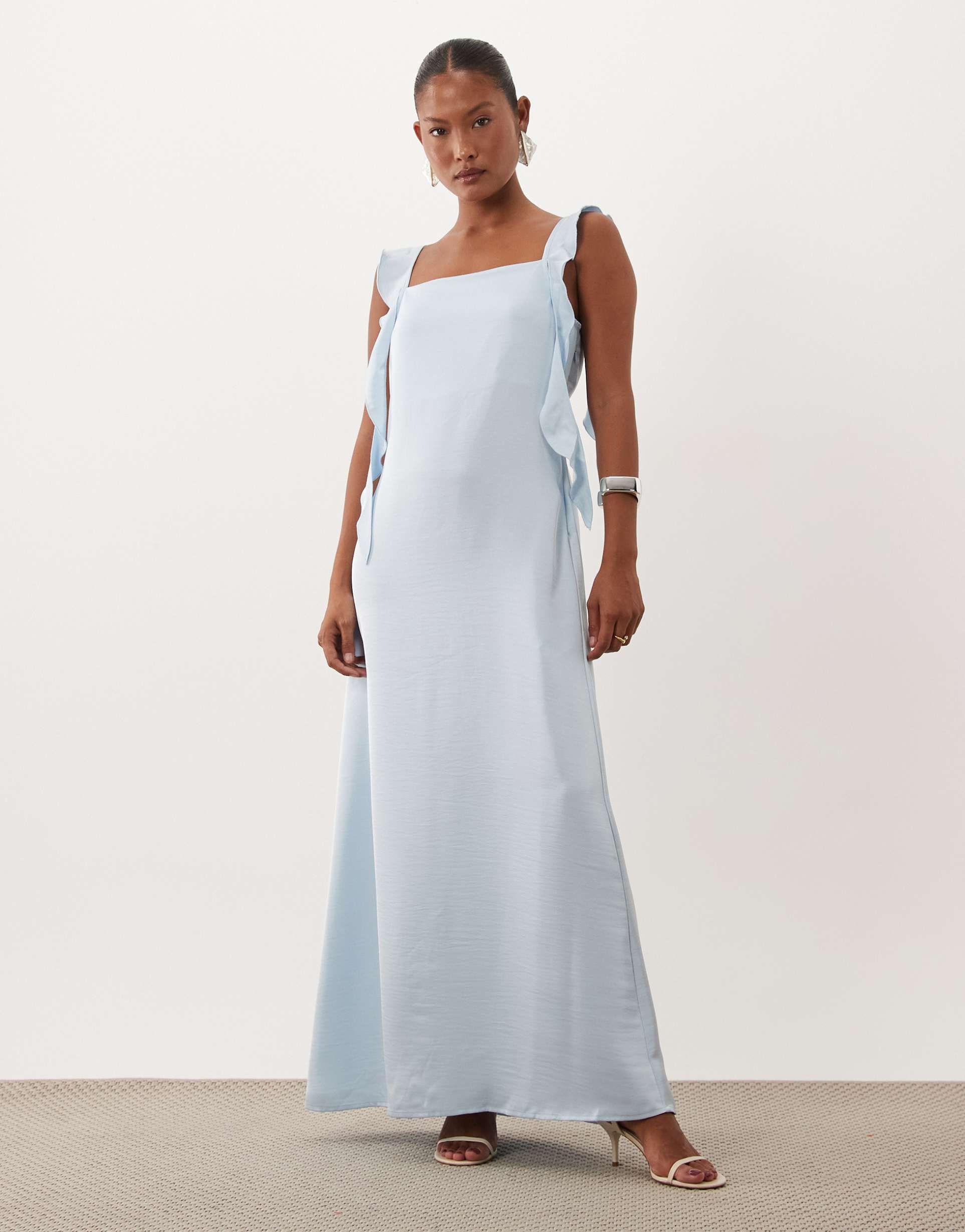 vero moda petite satin cowl neck maxi dress with draped frill detailing in airy blue