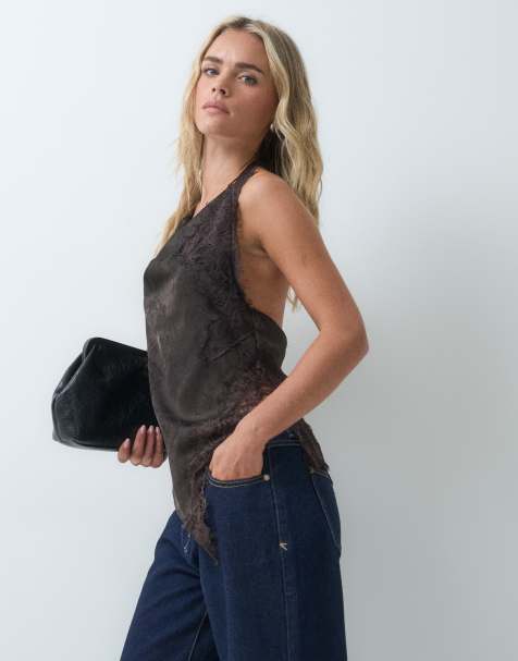 Vero Moda Petite satin halterneck top with lace detail in chocolate brown - view 1