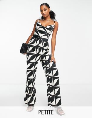 Vero Moda Petite satin jumpsuit with cross back in mono print-Multi