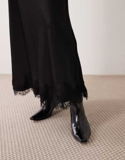 Vero Moda Petite satin maxi skirt with lace detail in black, 3 of 5